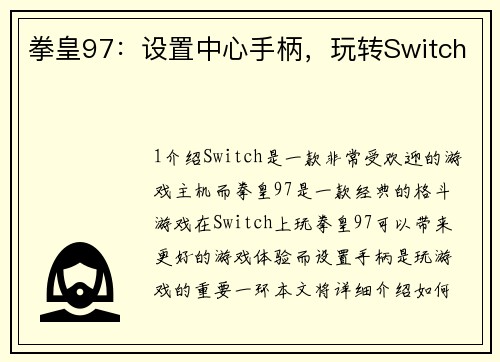 拳皇97：设置中心手柄，玩转Switch